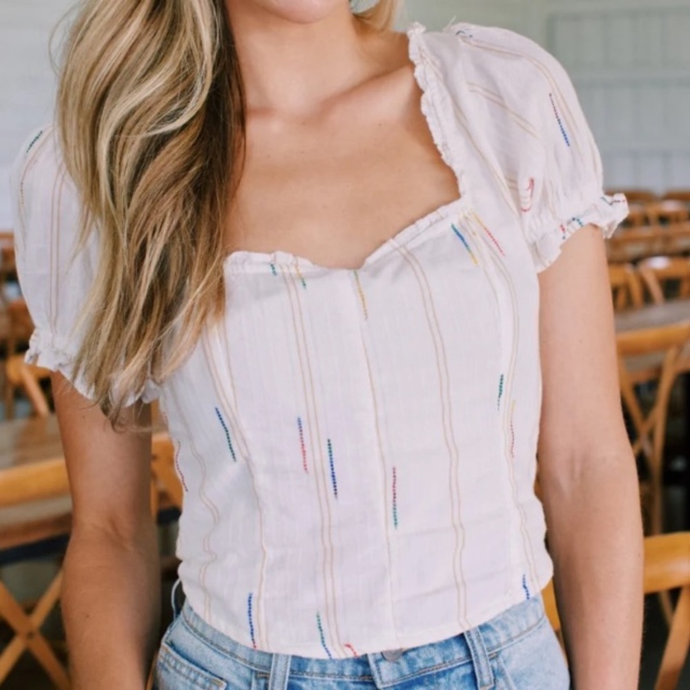Free People Serotonin Corset Top White Puff Sleeve Top Colorful Rainbow Stitches